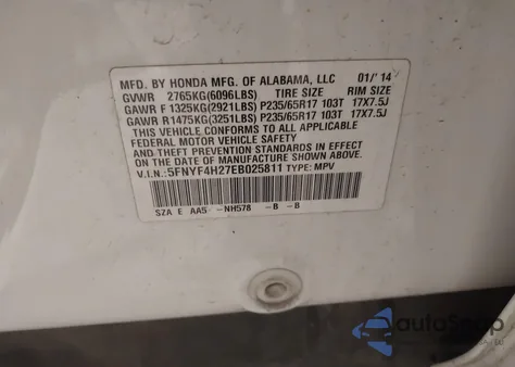 2014 Honda Pilot Lx из США, поврежденный, VIN 5FNYF4H27EB025811